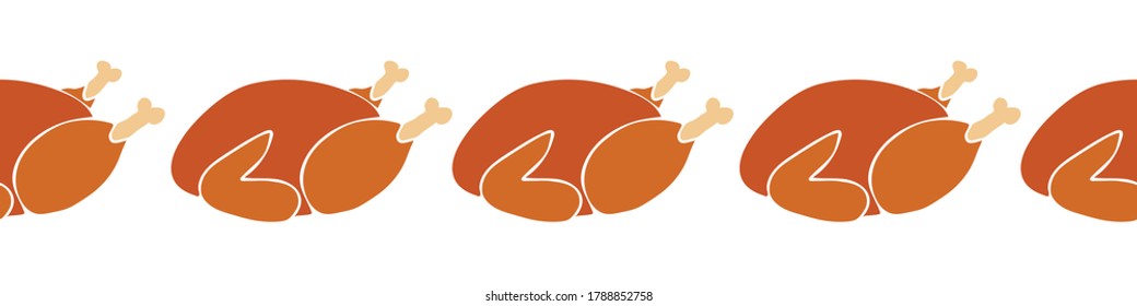 Thanksgiving Roasted turkey seamless horizontal vector border. Thanksgiving Food border repeating. For greeting cards, footer, header, invite, ribbon, fabric trim, Christmas