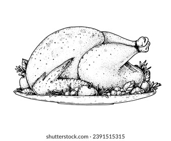 Thanksgiving roasted turkey sketch. Roasted turkey on tray garnished with fruits. Hand drawn vector illustration. 