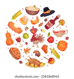 Thanksgiving Round Composition with Autumn Fest Object Vector Template