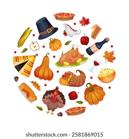 Thanksgiving Round Composition with Autumn Fest Object Vector Template