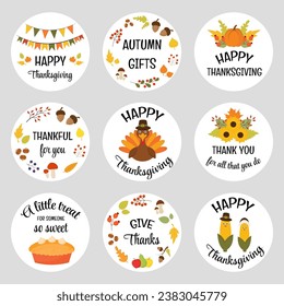 Thanksgiving round stickers, Thank you gift tags and labels. Set of fall appreciation gifts with vector design elements . Autumn fall themed tags for cookies and treats. Thanksgiving lettering.