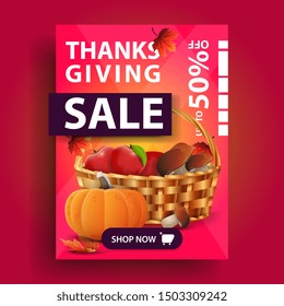 Thanksgiving sale, up to 50% off, creative pink 3D vertical discount banner with fruit and vegetable basket