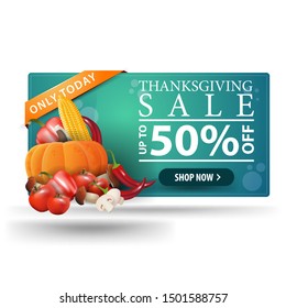 Thanksgiving sale, up to 50% off, horizontal 3D web banner with autumn harvest. Discount coupon isolated on white background for your arts