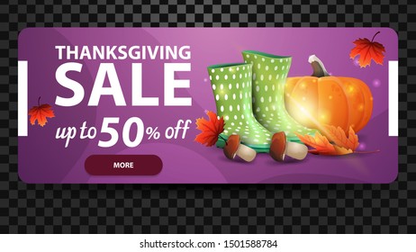 Thanksgiving sale, up to 50% off, horizontal purple web banner with rubber boots, pumpkin, mushrooms and autumn leaf. Discount coupon isolated on black background for your arts