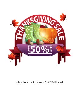 Thanksgiving sale, up to 50% off, round web banner with rubber boots, pumpkin, mushrooms and autumn leaf. Discount coupon isolated on white background for your arts