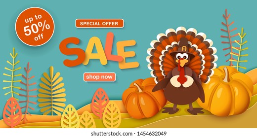 Thanksgiving, sale. Advertising banner with traditional turkey in a hat, pumpkins, autumn leaves in the style of paper cut. Layered horizontal vector background EPS-10