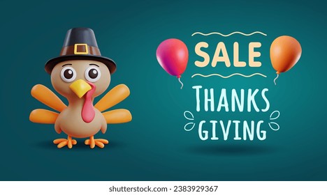 Thanksgiving sale banner with 3d cute turkey character in pilgrim hat and air balloons. 3d stylized vector illustration for sale event