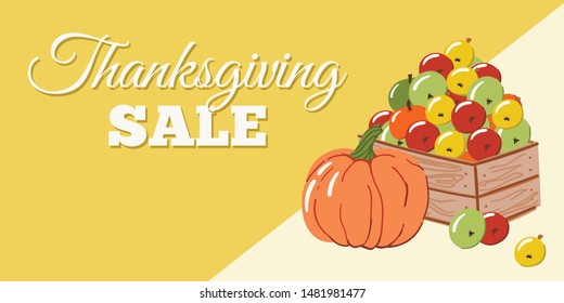 Thanksgiving sale banner or flyer with cartoon style hand drawn garden box of apples and pumpkins. Stock vector