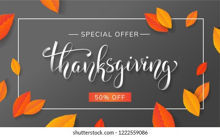 Thanksgiving sale banner with handwritten lettering and leaves. Special offer 50% off discount