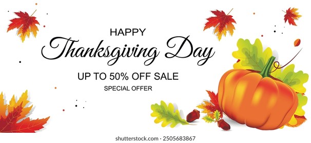 Thanksgiving-Banner mit Inschrift und Blättern auf weißem Hintergrund. Sonderangebot für den Einkauf in den Ferien