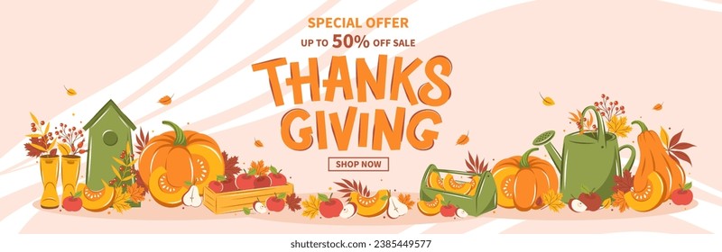 Thanksgiving sale banner, seasonal promo offer discount poster for autumnal shopping. Pumpkin harvest, fruits, leaves, berries. Vector illustration