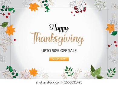 Thanksgiving sale banner showing 50% discount off and shop now button - maple leaves and autumn element stock illustration