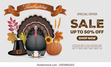 Anuncio de la venta de Acción de Gracias con el sombrero del pavo, de la calabaza y del peregrino