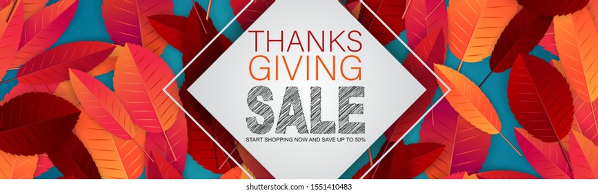 Thanksgiving sale banner, website header or newsletter cover. Red and orange fall leaves realistic vector illustration with lettering.