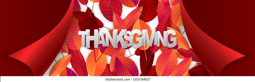 Thanksgiving sale banner, website header or newsletter cover. Red and orange fall leaves under peeling off paper. Realistic vector illustration with lettering.