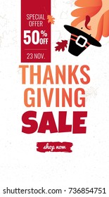 Thanksgiving sale cartoon poster. Thanksgiving autumn background with leaves and cute turkey.Vector illustration.