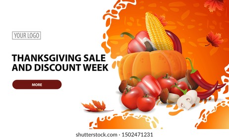 Thanksgiving sale and discount week, modern horizontal web banner with beautiful particle texture and autumn harvest