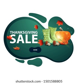 Thanksgiving sale, green banner in form of lava lamp with rubber boots, pumpkin, mushrooms and autumn leaf. Discount coupon isolated on white background for your arts
