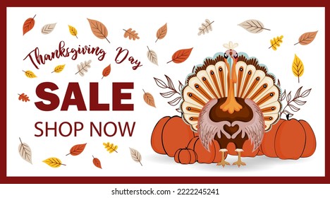 Thanksgiving sale horizontal banner. Cool thanksgiving turkey. Sale invitation. Discounts and promotions.