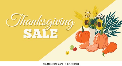 Thanksgiving sale on yellow background. Hand drawn cartoon style web banner or seasonal promo offer discount poster for autumnal shopping. Stock vector