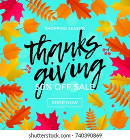 Thanksgiving sale poster for autumn or fall shopping promo season or autumnal shop 50 percent discount background template. Vector maple and oak falling leaf pattern for Thanksgiving sale web banner