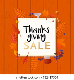 Thanksgiving sale poster or autumnal fall shopping promo web banner of autumn maple leaf, oak acorn foliage and discount text. Vector thanksgiving design for shop leaflet or fall sale background.