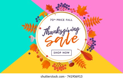 Thanksgiving sale poster or September shopping promo banner for autumnal discount. Vector autumn or fall maple and oak acorn leaf foliage for Thanksgiving sale online shop web banner background design