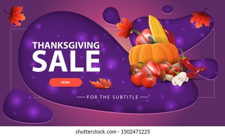 Thanksgiving sale, purple discount banner with modern design for your website with autumn harvest. Modern coupon in paper cut style