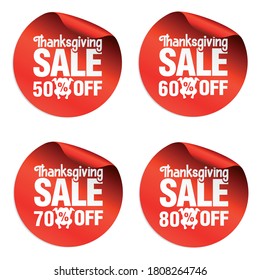 Thanksgiving sale stickers set 50%, 60%, 70%, 80% off with turkey carcass. Vector illustration