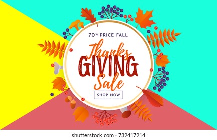 Thanksgiving sale text poster for September shopping promo or autumnal shop discount background. Vector autumn or fall maple and oak leaf foliage for Thanksgiving discount design of sale web banner