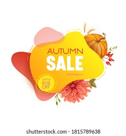 Thanksgiving sale web banner, Autumn seasonal promo offer, discount badge, tag template. Vector liquid 3d bubble with pumpkin, fall flowers illustration, advertising voucher design