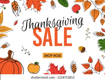 Thanksgiving sale web banner or Big seasonal promo offer discount poster for autumnal shopping background template. Hand drawn leaves and pumpkin for Thanksgiving sale design. Vector illustration.