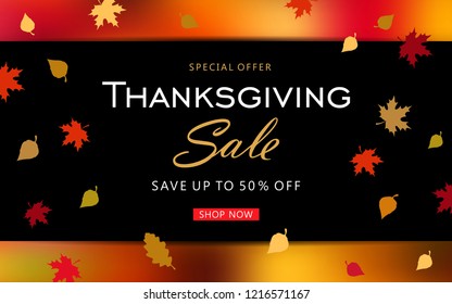 Thanksgiving sale web banner with fall leaves. Seasonal Shopping background template. Vector illustration