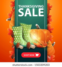 Thanksgiving sale, web banner with green vertical ribbon decorated autumn leafs and pumpkin, rubber boots, pumpkin, mushrooms and autumn leaf