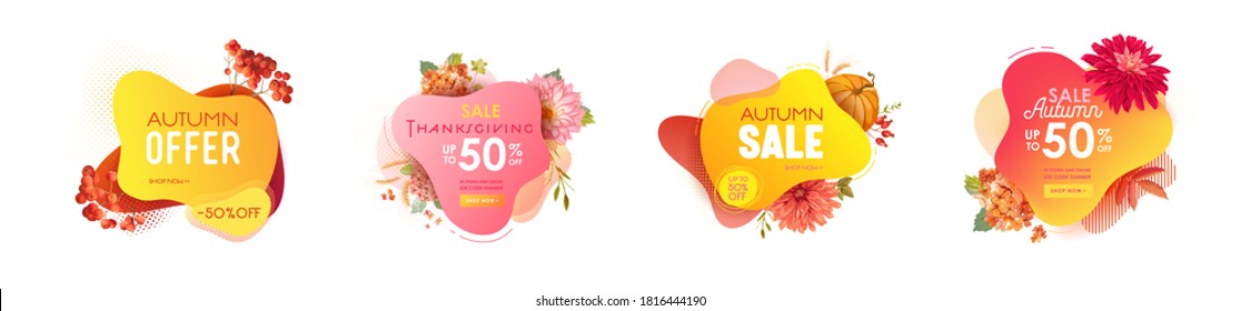 Thanksgiving sale web banner set, Autumn seasonal promo offer, discount badge, tag template collection. Vector liquid 3d bubble with pumpkin, fall flowers illustration, advertising voucher design