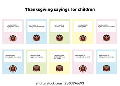 Thanksgiving sayings for kids. Positive quotes for children on Thanksgiving. Affirmations for kids.  Thanksgiving affirmation cards. Vector illustration.