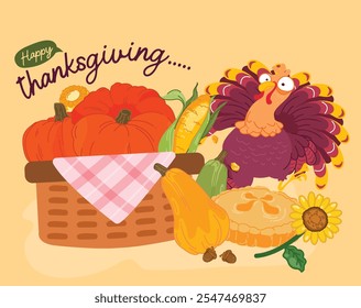 A Thanksgiving scene with a turkey, pumpkins, and corn.
A pie and sunflower add to the festive vibe. "Happy Thanksgiving"