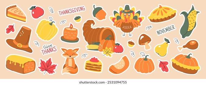 Thanksgiving scrapbook stickers. Vector set of cozy doodle autumn elements with cute turkey, fall leaves, cornucopia, vegetables, pumpkin food, pie, pilgrim hat and acorns. Harvest season symbols pack