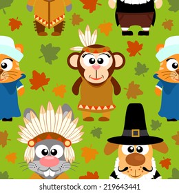 Thanksgiving seamless background with funny animals,vector
