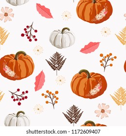 Thanksgiving seamless background - leaves, berries and pumpkin pattern. Watercolor style vector autumn illustration for thanks giving day.