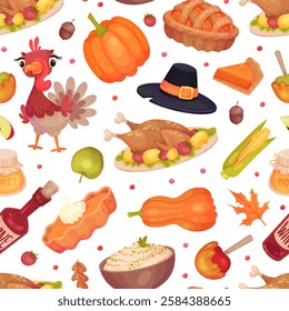 Thanksgiving Seamless Pattern with Autumn Fest Object Vector Template