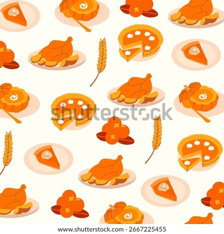 Thanksgiving seamless pattern. Autumn harvest food vector. Pumpkin pie, turkey, wheat, fall feast illustration. Festive holiday dinner seasonal background for fabric, wrapping paper, kitchen decor.
