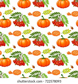Thanksgiving seamless pattern background autumn pumpkin traditional holiday food harvest celebration vector illustration. Holiday thanksgiving turkey apple family dinner traditiona food celebration.