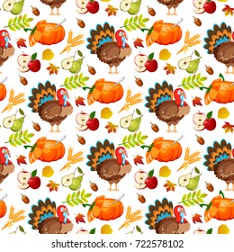 Thanksgiving seamless pattern background autumn pumpkin traditional holiday food harvest celebration vector illustration. Holiday thanksgiving turkey apple family dinner traditiona food celebration.