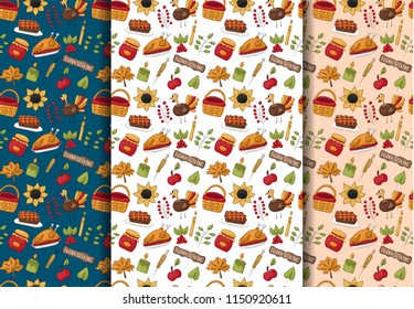 Thanksgiving seamless pattern background set. Traditional holiday food harvest decoration. Repeat backdrop for cover, wrapping paper, wallpaper. Vector illustration.