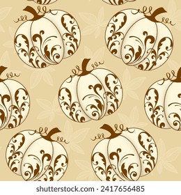 Thanksgiving Seamless Pattern, Beige Pumpkins with Scroll, Autumn and Fall Season