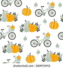 Thanksgiving seamless pattern. Bicycle and pumpkins on a white background. Happy Thanksgiving vector pattern. Harvest season. Fall pattern. Autumn design for fabric, paper, cover, interior decor.