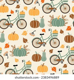 Patrón sin fisuras de Acción de Gracias. Bicicleta y calabazas en un fondo claro. Patrón vector feliz de Acción de Gracias. Temporada de cosecha. Patrón de caída. Diseño otoñal para tela, papel, cubierta, decoración interior.