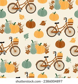 Thanksgiving seamless pattern. Bicycle and pumpkins on a light background. Happy Thanksgiving vector pattern. Harvest season. Fall pattern. Autumn design for fabric, paper, cover, interior decor.