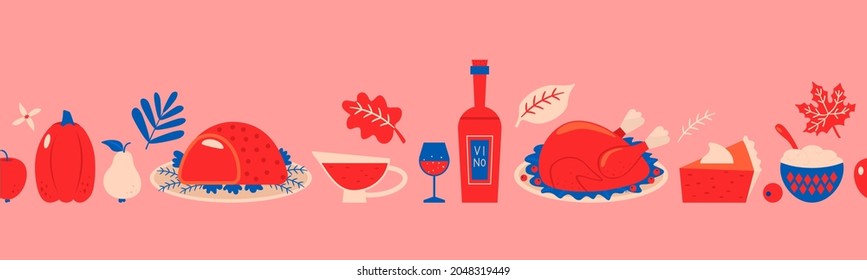 Thanksgiving seamless pattern border. Thanksgiving and Christmas holiday table symbols. Turkey, cranberry sauce, pumpkin, baked meat, mashed potatoes, pumpkin pie, holly. vector illustration. Xmas